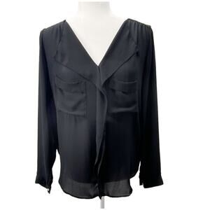 Zara Ruffle Front Blouse Small Feminine Black Office Top Front Pockets